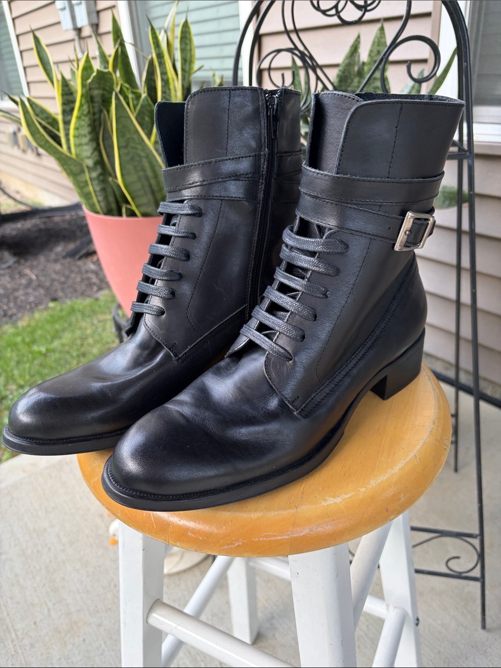 Women’s Helene Rouge Black Leather Lace-Up Zip Ankle Boot with Buckle Strap NWOT